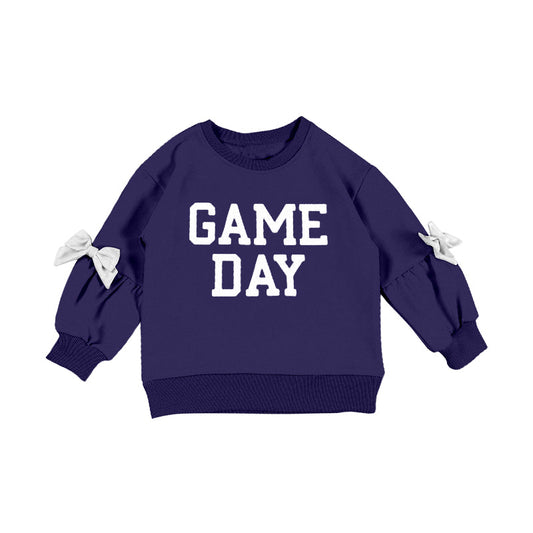 ( Moq 5 ) Preorder Baby Girls Kids Bows Long Sleeves Game Day Navy Pullover Shirt Tops