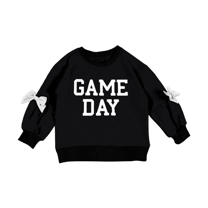 ( Moq 5 ) Preorder Baby Girls Kids Bows Long Sleeves Game Day Black Pullover Shirt Tops