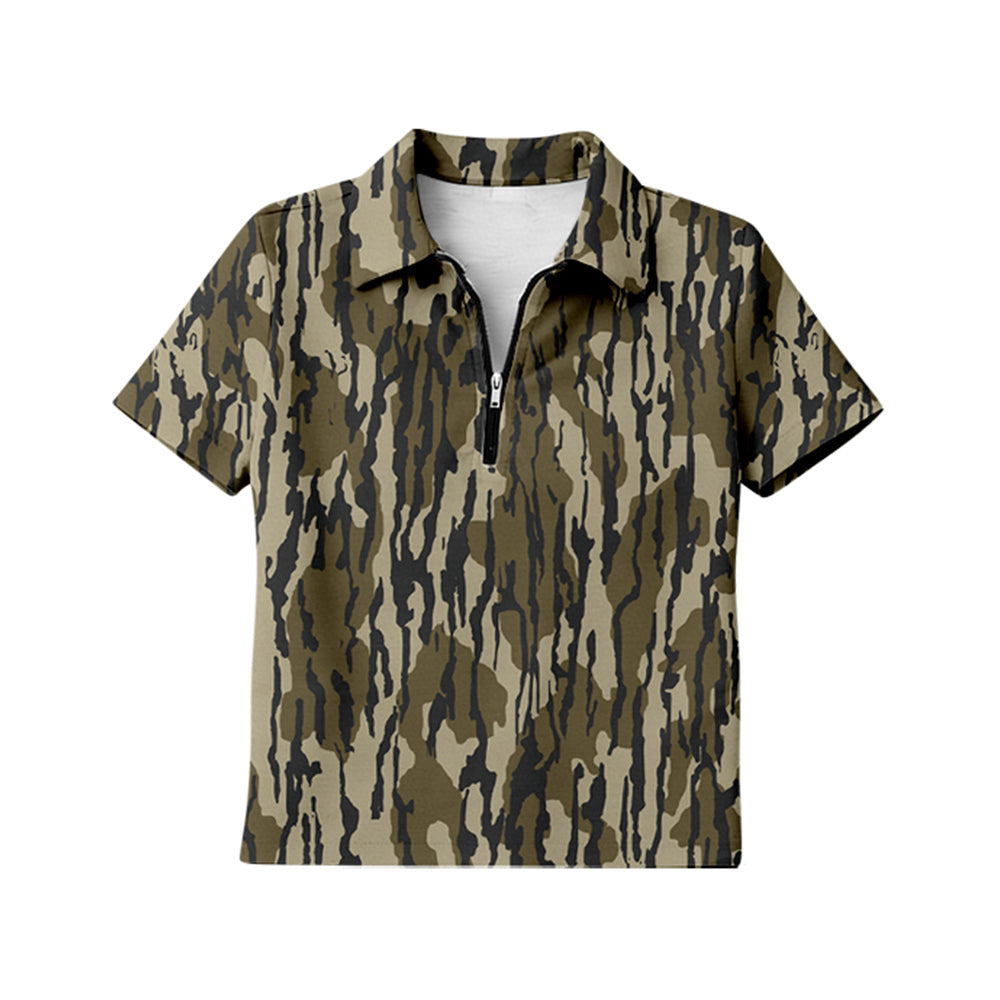 ( Moq 5 ) Preorder Adult Women Short Sleeves Olive Camo Zipper Pullover Shirt Tops
