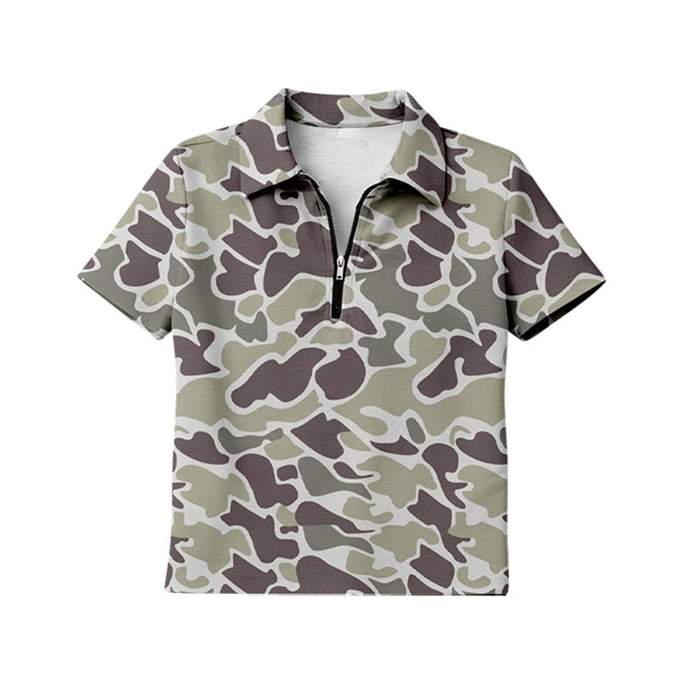 ( Moq 5 ) Preorder Adult Women Short Sleeves Dark Brown Camo Zipper Pullover Shirt Tops