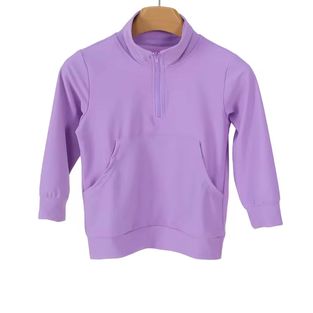 ( Moq 5 ) Preorder Baby Girls Kids Long Sleeves Pocket Zipper Purple Yoga Pullover Shirt Tops