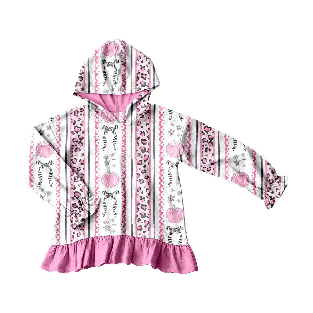 ( Moq 5 ) Preorder Baby Girls Kids Pumpkins Bows Leopard Hoodie Pink Ruffle Shirt Tops Clothes