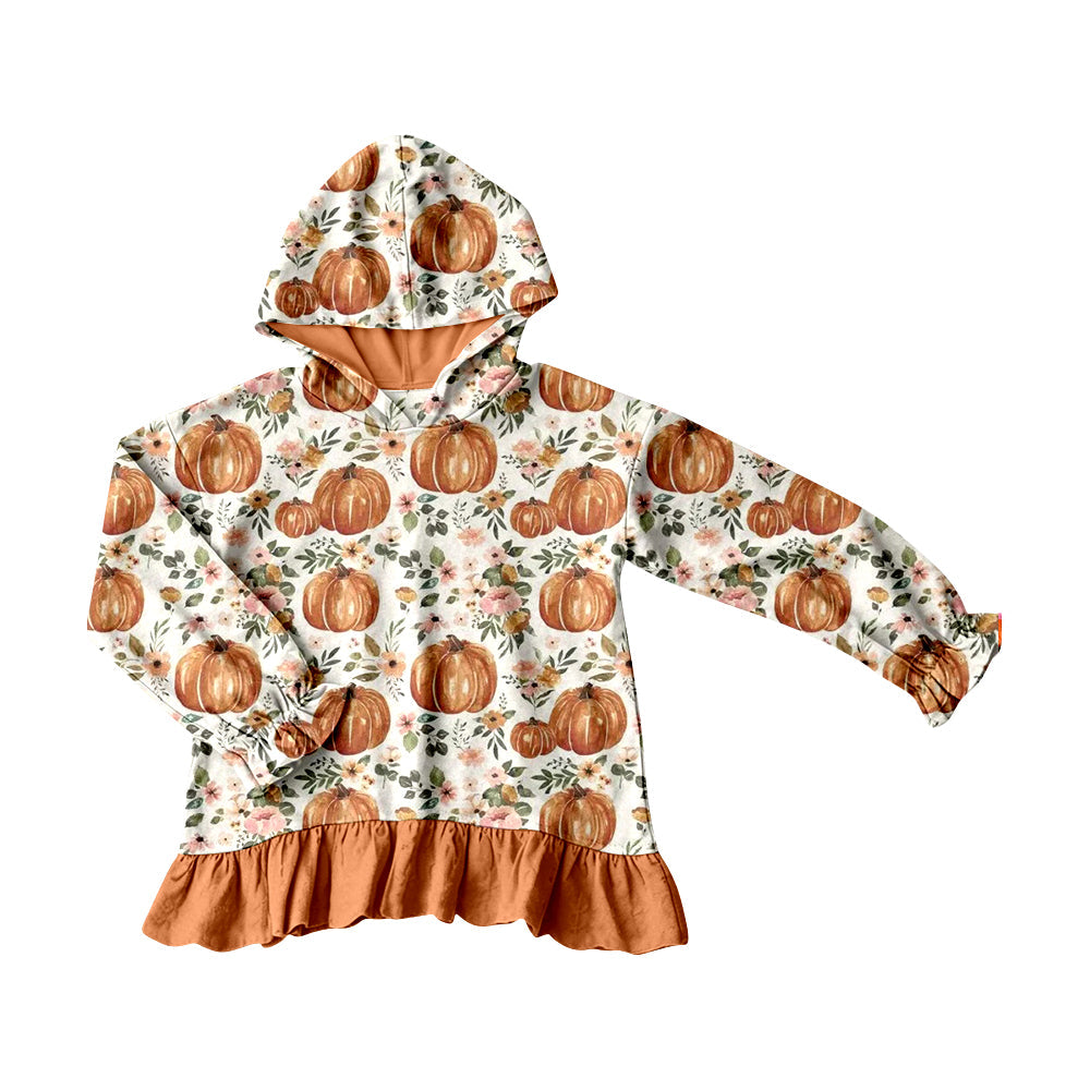 ( Moq 5 ) Preorder Baby Girls Kids Pumpkins Flower Hoodie Orange Ruffle Shirt Fall Tops Clothes