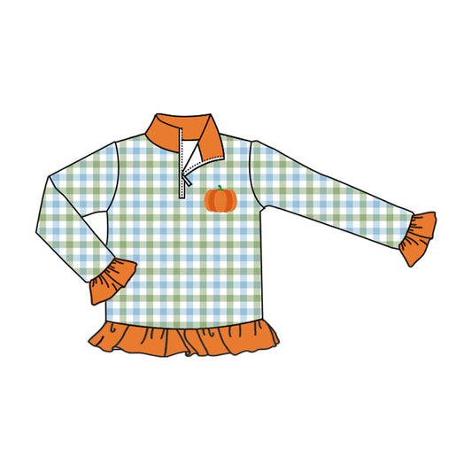 ( Moq 5 ) Preorder Baby Girls Kids Long Sleeves Pumpkin Plaid Zipper Pullover Fall Shirt