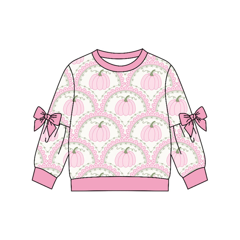 ( Moq 5 ) Preorder Baby Girls Kids Long Sleeves Bows Pumpkins Shirt Fall Tops Pink Clothes