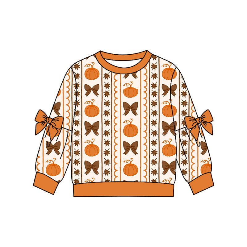 ( Moq 5 ) Preorder Baby Girls Kids Long Sleeves Orange Bows Pumpkins Shirt Fall Tops Clothes