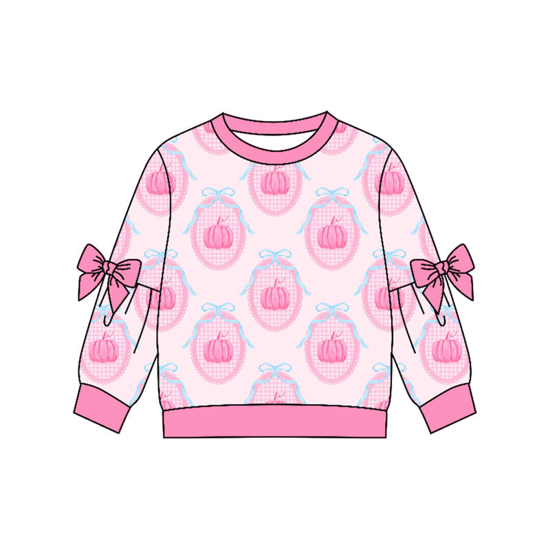 ( Moq 5 ) Preorder Baby Girls Kids Long Sleeves Bows Pink Pumpkins Shirt Fall Tops Clothes