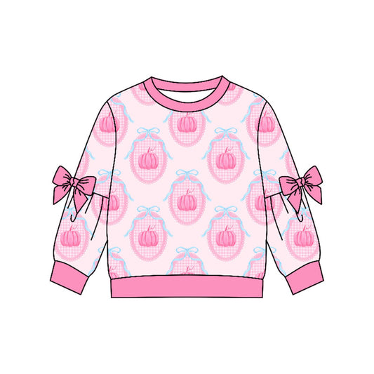 ( Moq 5 ) Preorder Baby Girls Kids Long Sleeves Bows Pink Pumpkins Shirt Fall Tops Clothes