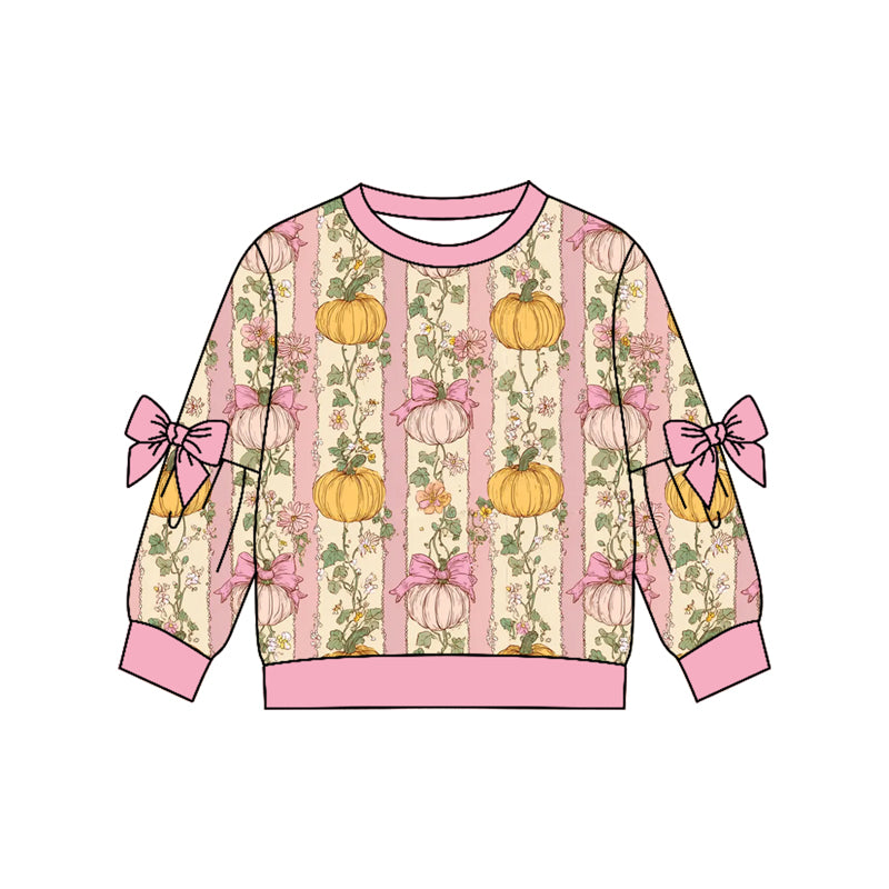 ( Moq 5 ) Preorder Baby Girls Kids Long Sleeves Pink Bows Pumpkins Shirt Fall Tops Clothes