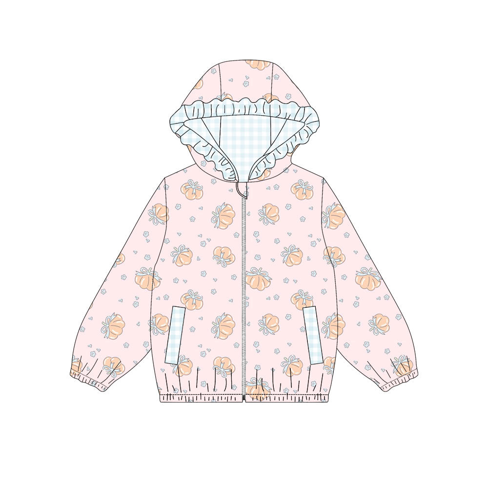 ( Moq 5 ) Preorder Baby Girls Kids Long Sleeves Pockets Plaid Hoodie Zipper Pumpkins Tops Fall Clothes