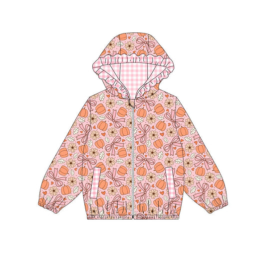 ( Moq 5 ) Preorder Baby Girls Kids Long Sleeve Pumpkins Bows Flower Pockets Hoodie Zipper Tops Fall Clothes