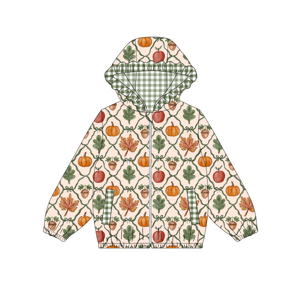 ( Moq 5 ) Preorder Baby Girls Kids Long Sleeve Leaves Pumpkins Pockets Hoodie Zipper Tops Fall Clothes