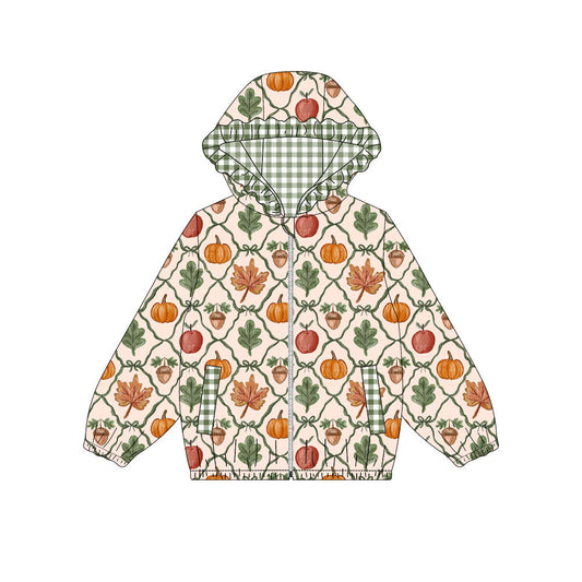 ( Moq 5 ) Preorder Baby Girls Kids Long Sleeve Leaves Pumpkins Pockets Hoodie Zipper Tops Fall Clothes