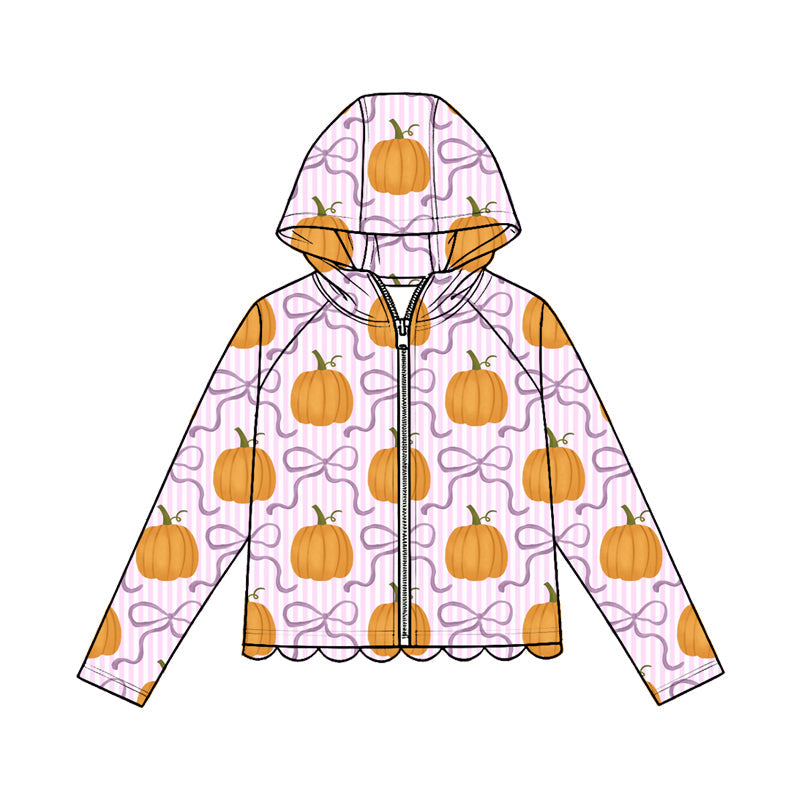 ( Moq 5 ) Preorder Baby Girls Kids Long Sleeves Bows Pumpkins Zipper Hoodie Scallop Tops Fall Clothes