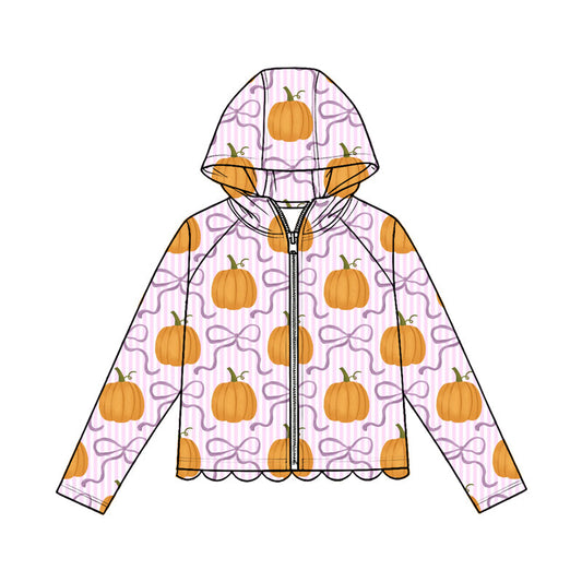 ( Moq 5 ) Preorder Baby Girls Kids Long Sleeves Bows Pumpkins Zipper Hoodie Scallop Tops Fall Clothes