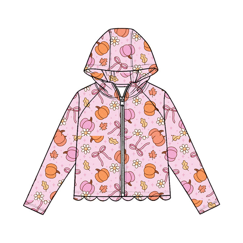 ( Moq 5 ) Preorder Baby Girls Kids Pumpkins Bows Flower Zipper Hoodie Scallop Tops Fall Clothes