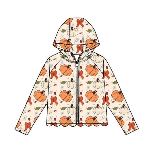 ( Moq 5 ) Preorder Baby Girls Kids Long Sleeves Pumpkins Bows Zipper Hoodie Scallop Tops Fall Clothes