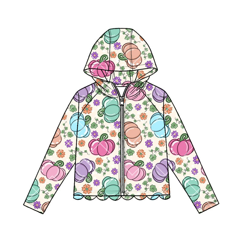 ( Moq 5 ) Preorder Baby Girls Kids Colorful Pumpkins Flower Zipper Hoodie Scallop Tops Fall Clothes
