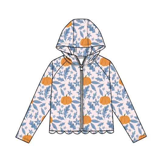 ( Moq 5 ) Preorder Baby Girls Kids Long Sleeves Pumpkins Zipper Hoodie Scallop Tops Fall Clothes