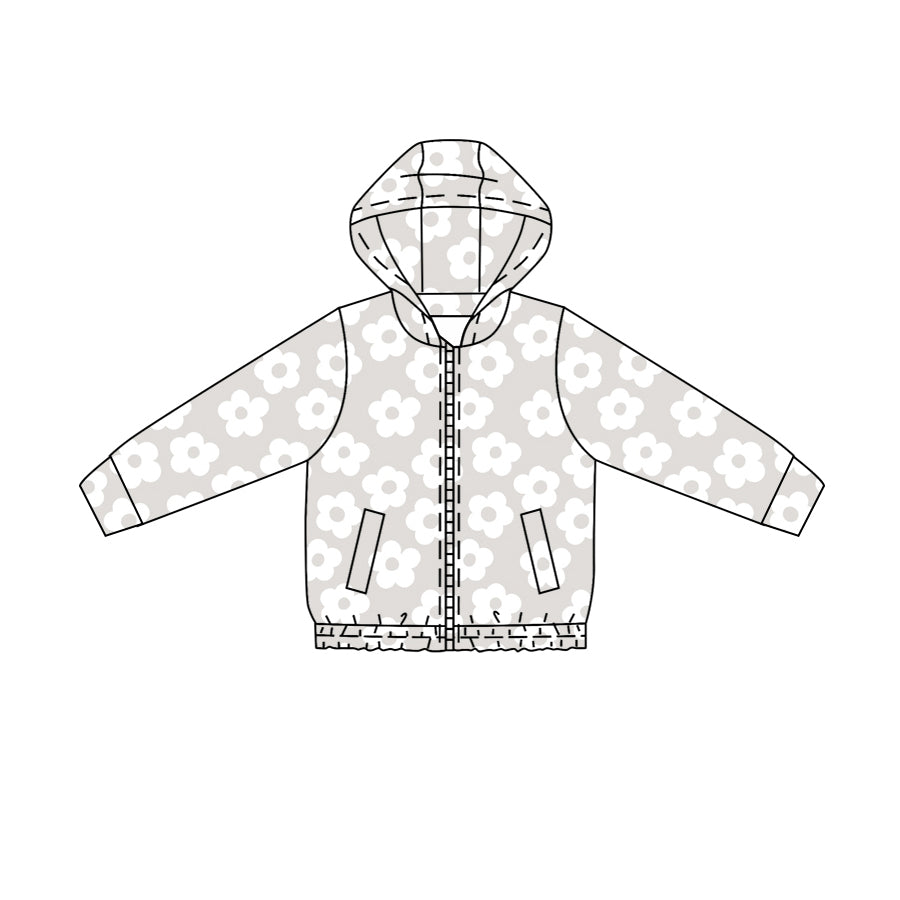 ( Moq 5 ) Preorder Baby Girls Kids Long Sleeves Flower Pockets Zipper Hoodie Yoga Active Tops