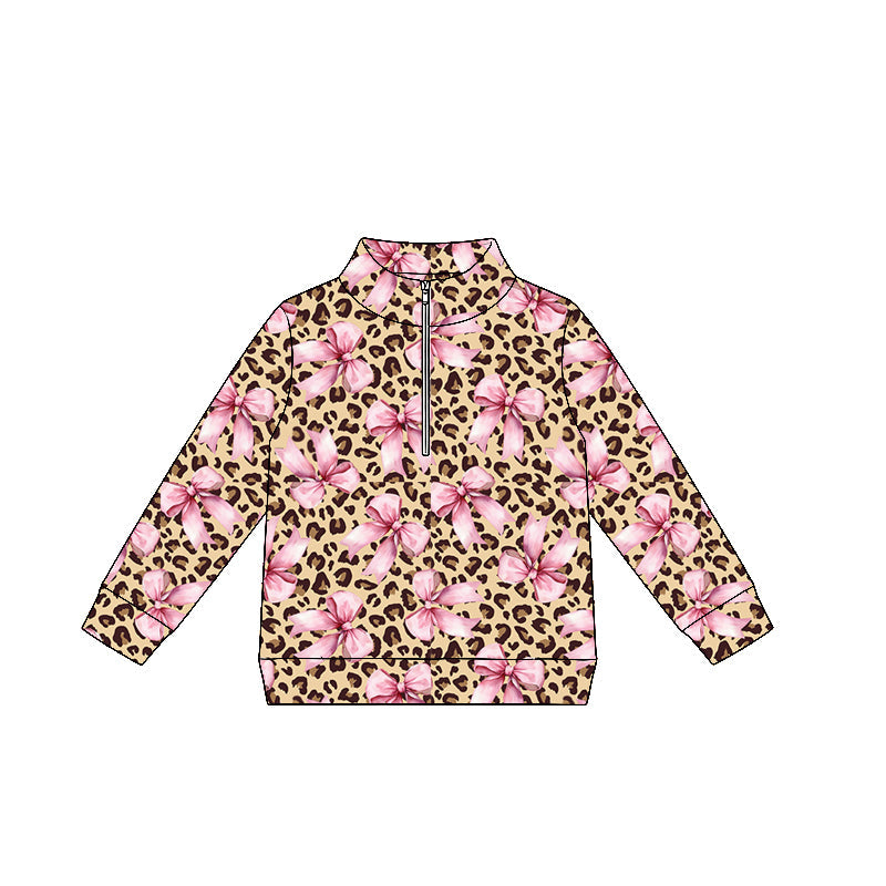 ( Moq 5 ) Preorder Baby Girls Kids Long Sleeves Leopard Pink Bows Zipper Pullover Shirt