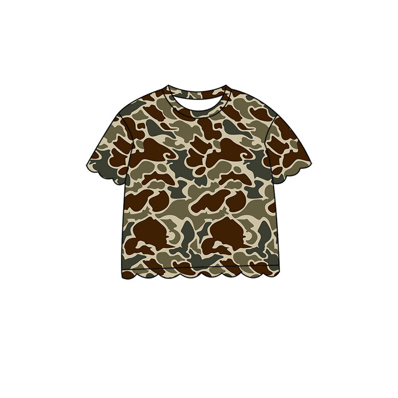 ( Moq 5 ) Preorder Baby Girls Kids Short Sleeves Camo Pullover Scallop Shirt Kids Tops Clothes