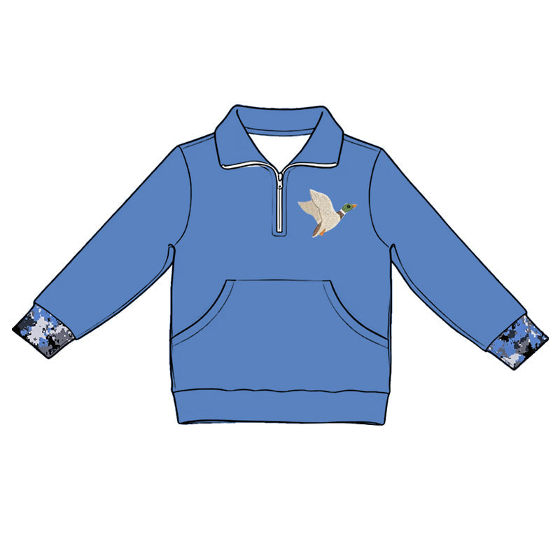 ( Moq 5 ) Preorder Baby Kids Long Sleeves Ducks Zipper Pocket Blue Shirt Hunting Pullover