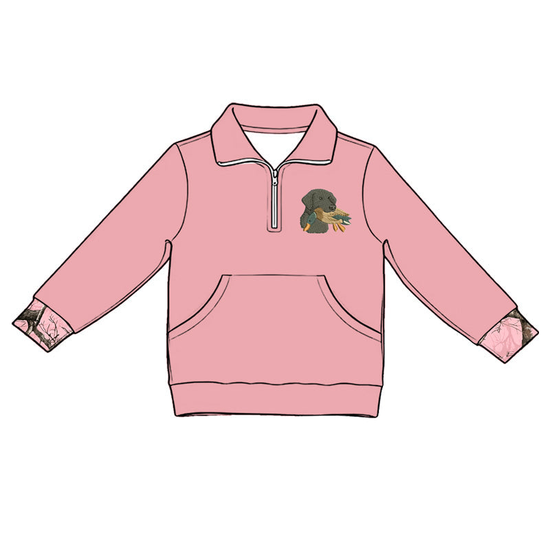 ( Moq 5 ) Preorder Baby Girls Kids Dogs Ducks Zipper Pocket Pink Shirt Hunting Pullover