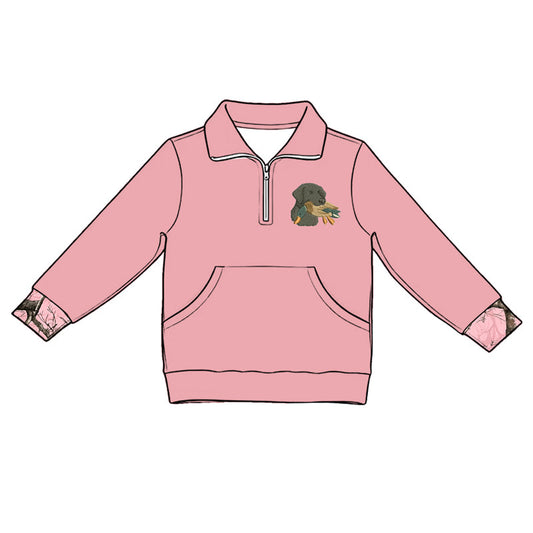 ( Moq 5 ) Preorder Baby Girls Kids Dogs Ducks Zipper Pocket Pink Shirt Hunting Pullover