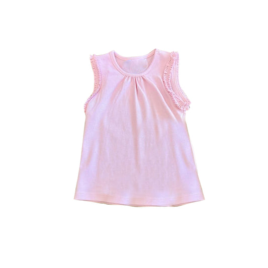 ( Moq 5 ) Preorder Baby Girls Sleeveless Pink Ruffle Pullover Kids Cotton Tops Clothes