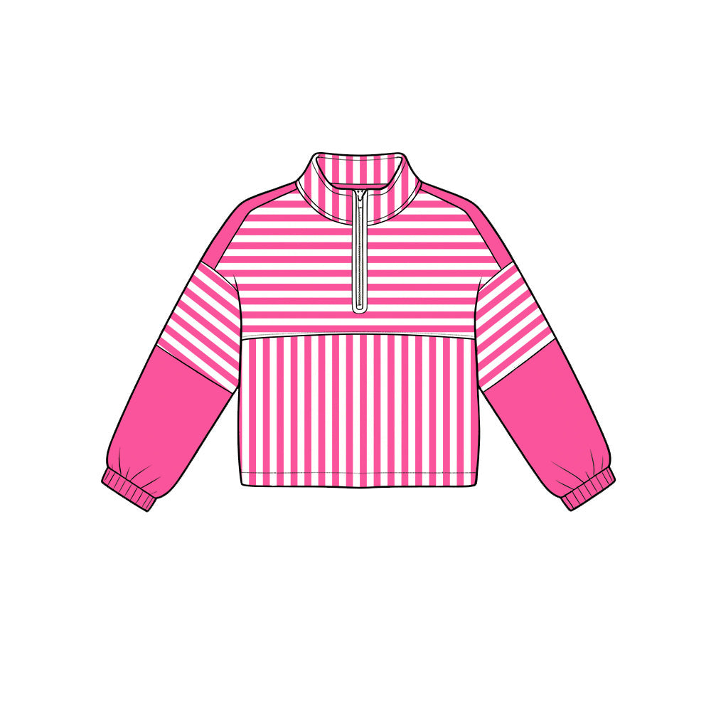 ( Moq 5 ) Preorder Baby Girls Kids Long Sleeves Pink Stripes Zipper Pullover Yoga Active Shirt