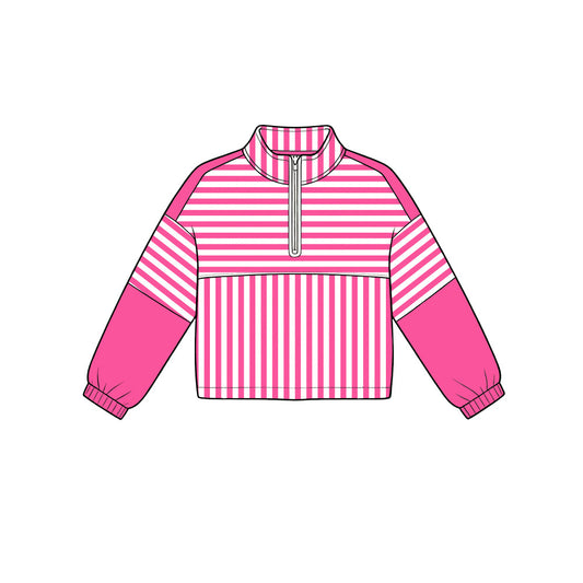 ( Moq 5 ) Preorder Baby Girls Kids Long Sleeves Pink Stripes Zipper Pullover Yoga Active Shirt