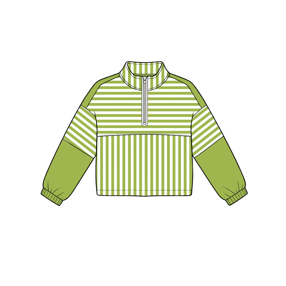 ( Moq 5 ) Preorder Baby Girls Kids Long Sleeves Green Stripes Zipper Pullover Yoga Active Shirt