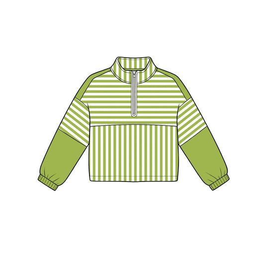 ( Moq 5 ) Preorder Baby Girls Kids Long Sleeves Green Stripes Zipper Pullover Yoga Active Shirt