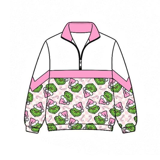( Moq 5 ) Preorder Baby Girls Kids Christmas Green Face Zipper Pullover Shirt Pink Clothes