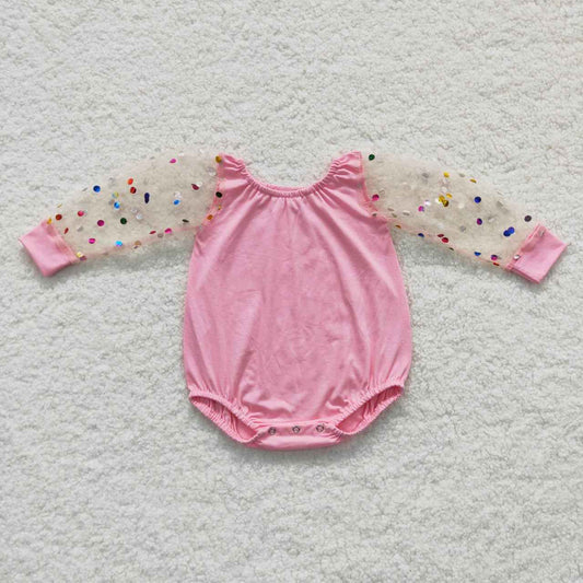 LR0466 Baby Girl Pink Chiffon One Piece Romper