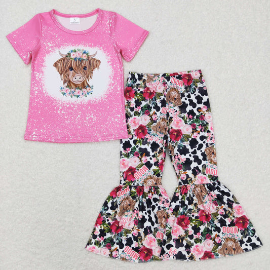 GSPO1024 Baby Girl Pink Short Sleeves Shirt Western Cow Floral Bell Pants Set