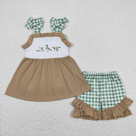 Baby Girl Sleeveless Embroidery Ducks Tunic Green Plaid Ruffle Shorts Set