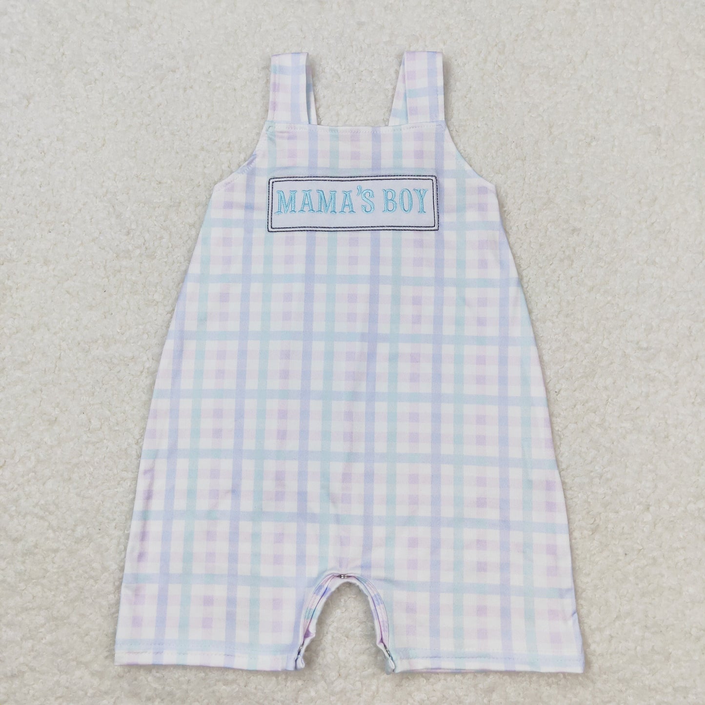 Short Sleeves Embroidery Mama's Boy Plaid Bubble One Piece Romper