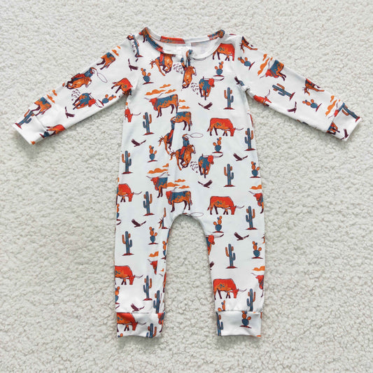 LR0341 Baby Boy Western Cow Horse Long Sleeves Zip One Piece Romper