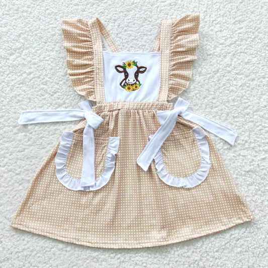 Promotion Baby Girl Short Sleeves Embroidery Western Flower Cow Pockets Dress RTS
