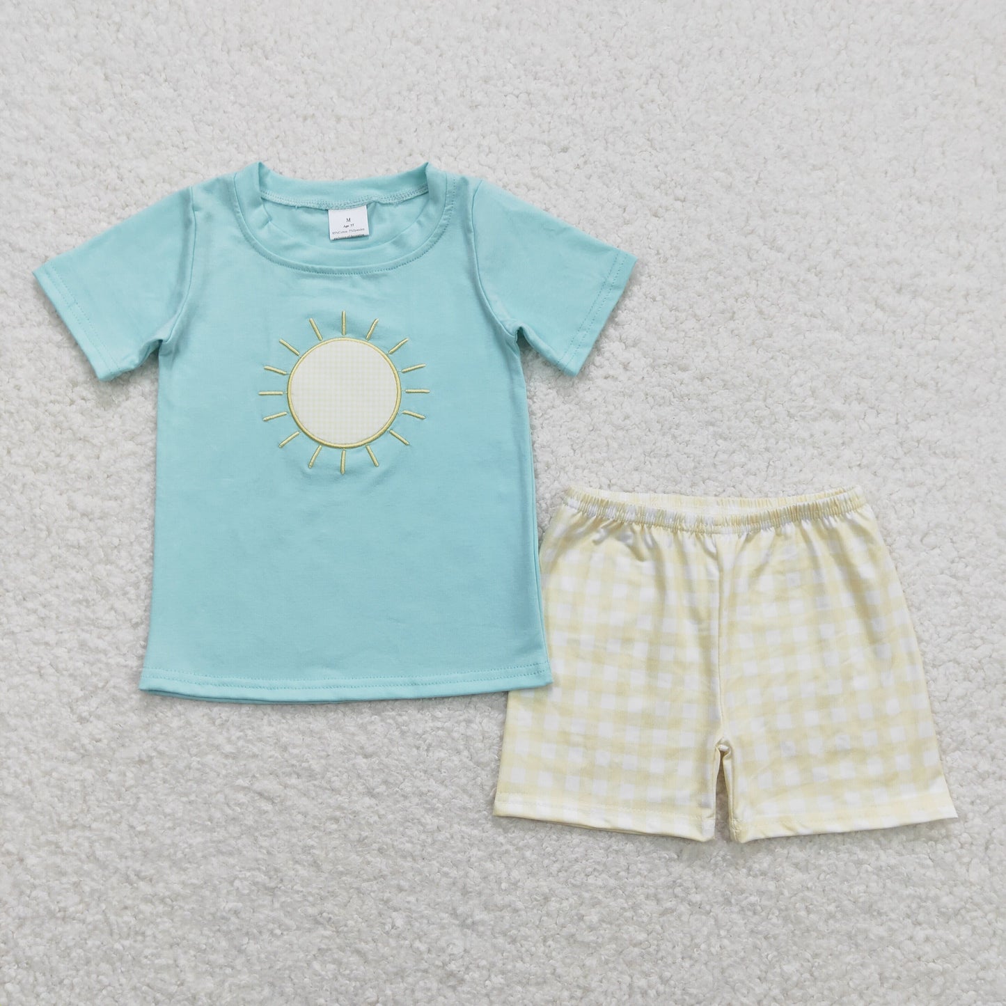 Baby Boy Short Sleeves Embroidery Sun Shirt Yellow Plaid Shorts Set