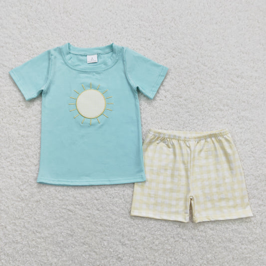 Baby Boy Short Sleeves Embroidery Sun Shirt Yellow Plaid Shorts Set