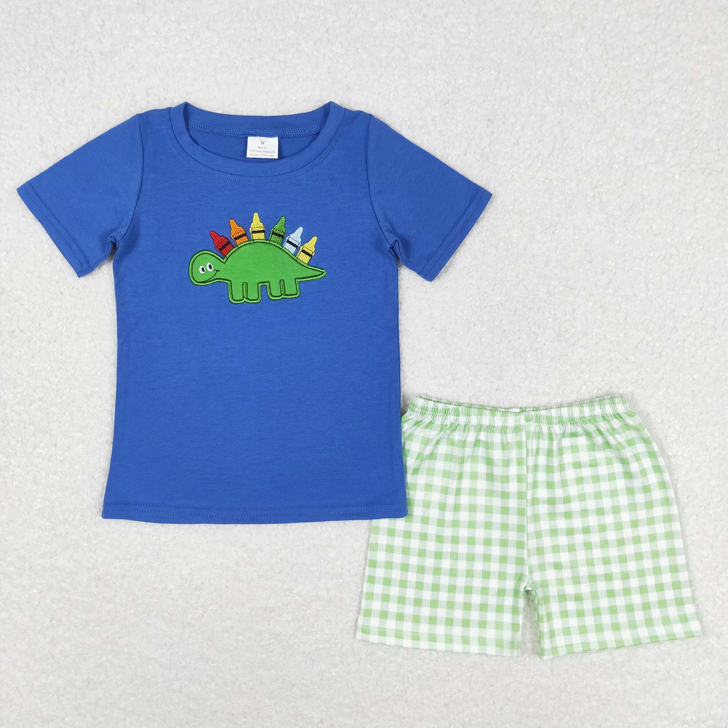 Baby Boy Embroidery Dinosaur Pencil Blue Shirt Plaid Shorts Back To School Set