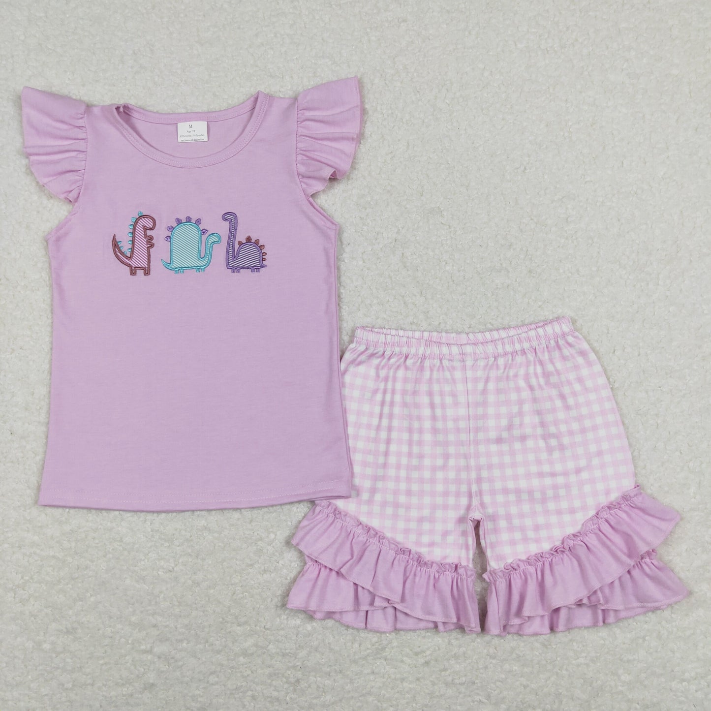 GSSO0411 Baby Girl Short Sleeves Embroidery Dinosaurs Shirt Pink Plaid Ruffle Shorts Purple Set