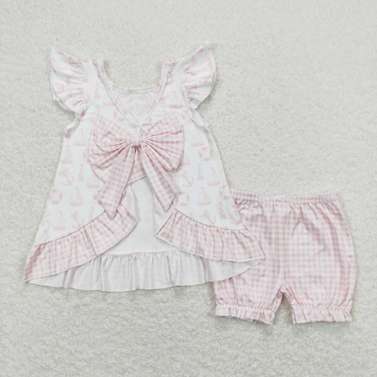 Baby Girl Sleeveless Open Back Tops Pink Plaid Shorts Summer Boats Set