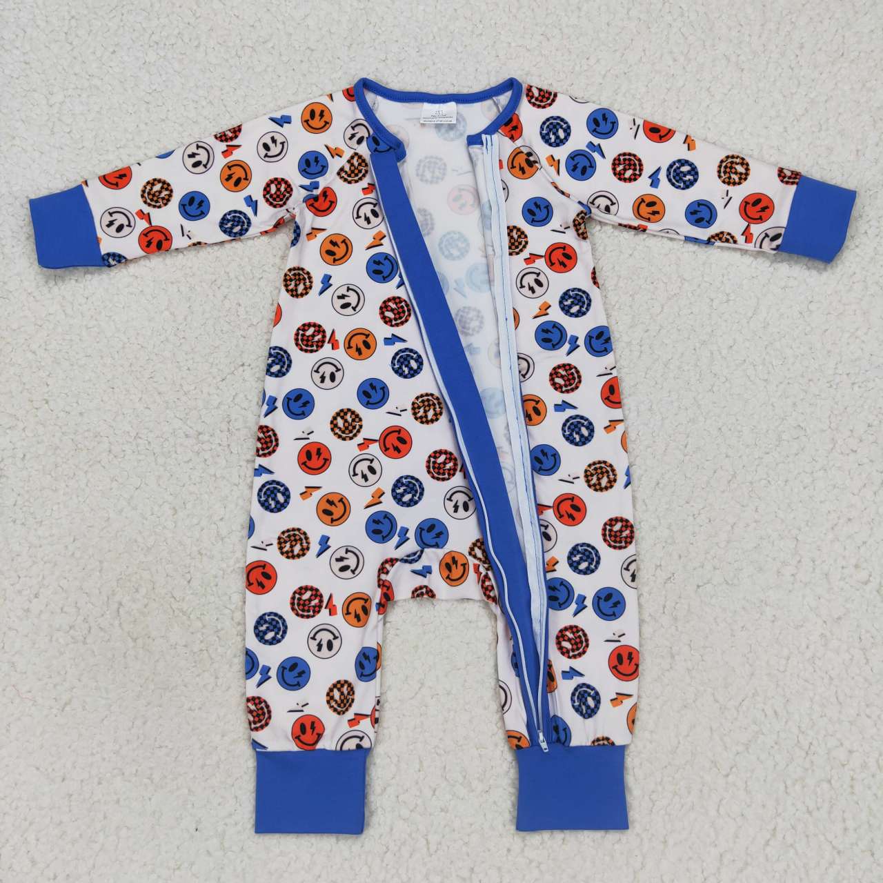 LR0721 Baby Boy Long Sleeves Face Zipper One Piece Blue Romper