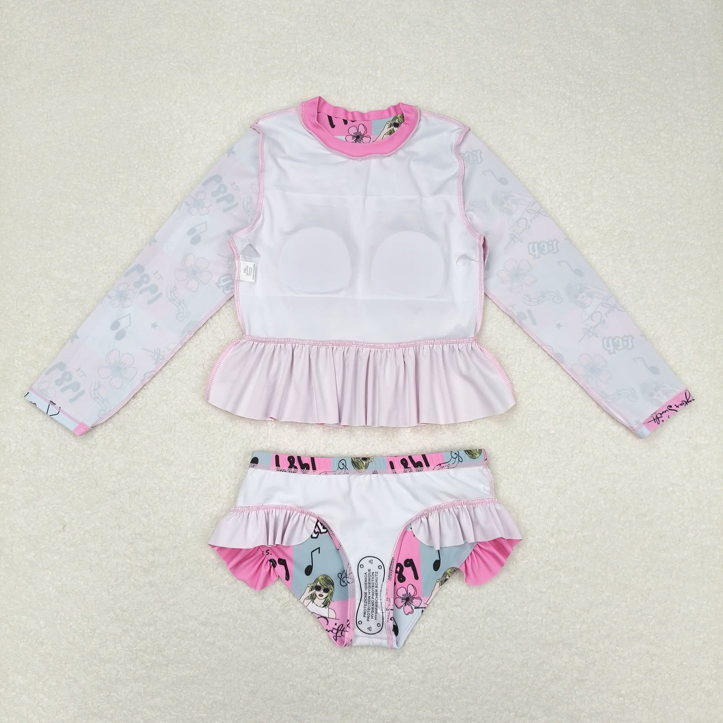 Baby Girl Singer Long Sleeves Flower Checkered Tops Shorts Pink Swimsuit