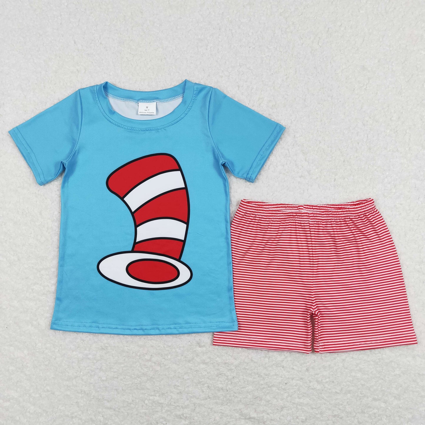 BSSO0346 Baby Boy Blue Short Sleeves Hat Shirt Stripes Shorts Summer Set