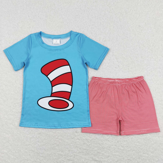 BSSO0346 Baby Boy Blue Short Sleeves Hat Shirt Stripes Shorts Summer Set
